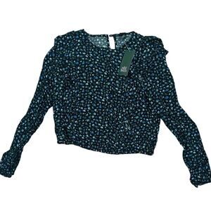 Wild Fable Women's Blue Floral Print Long Sleeve Ruffle Blouse - XS - NWT